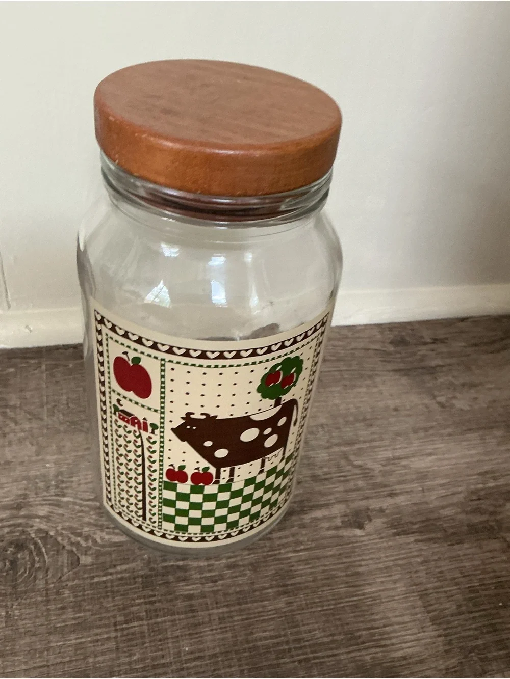 Vintage 1981 Cow Canister Rodger Johnson Glass Jar Wood Lid Farm Folk Art